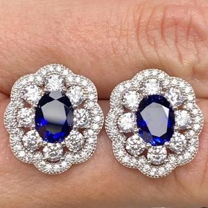 ANNA ZUCKERMAN LUXURY VICTORIA 10 Carat SAPPHIRE HALO STUD EARRINGS 925 Sterling